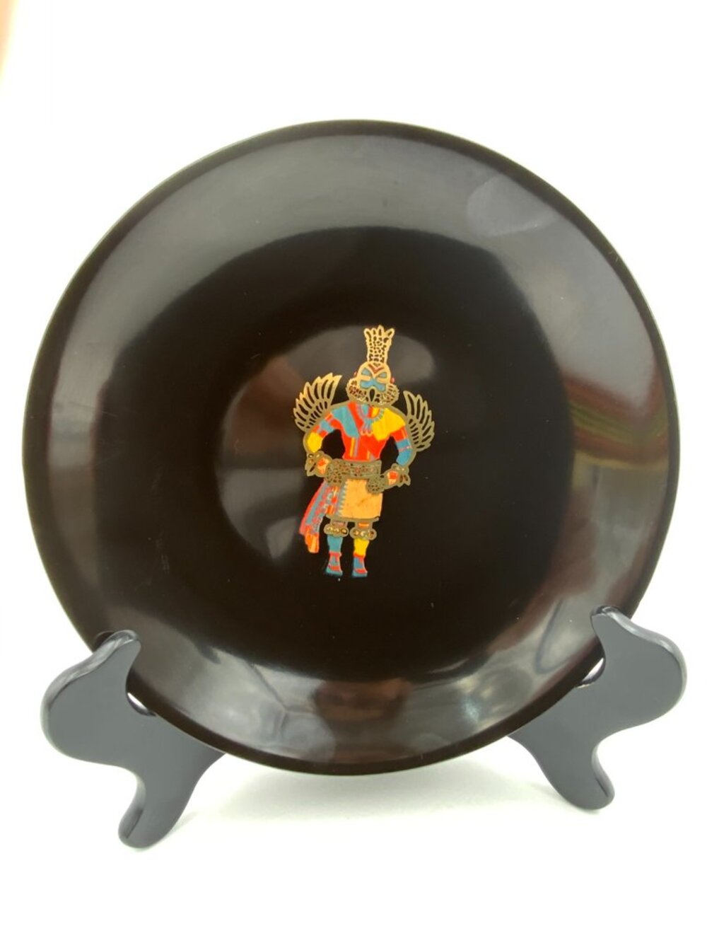 Vintage Couroc Hummingbird Kachina Warrior Black Plate Art Decor 7 3/4"